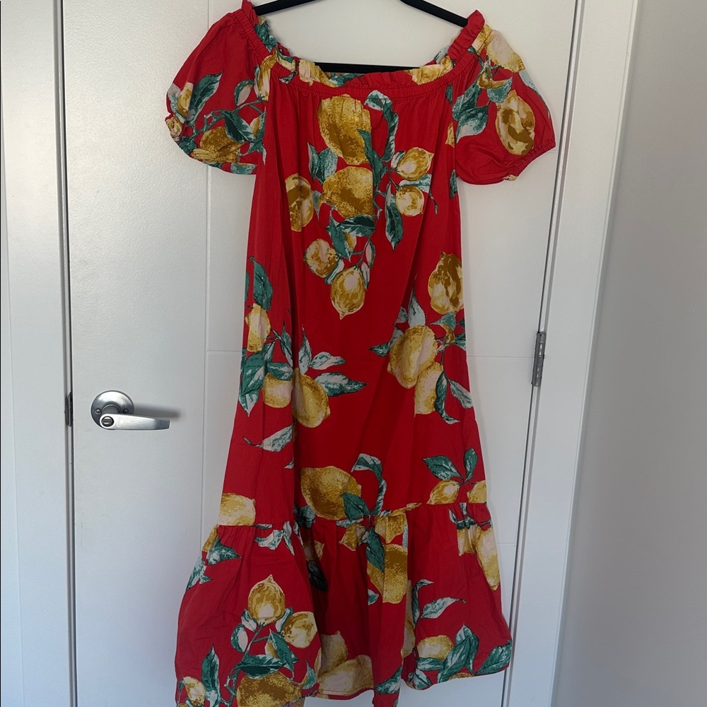 Flying Tomato Lemon Print Off Shoulder Midi Dress Puff Sleeve Red Tropical M - Picture 6 of 7